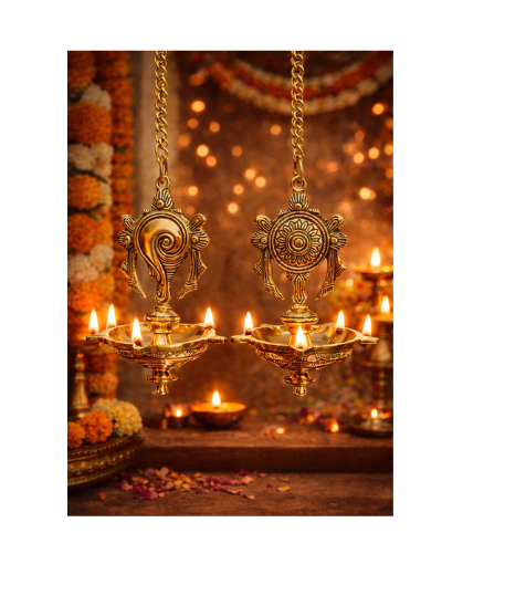 Brass Hanging Shankh Chakra Diya, Vishnu Diya, Hanging Kuthu Vilakku 5 Wicks With Chain