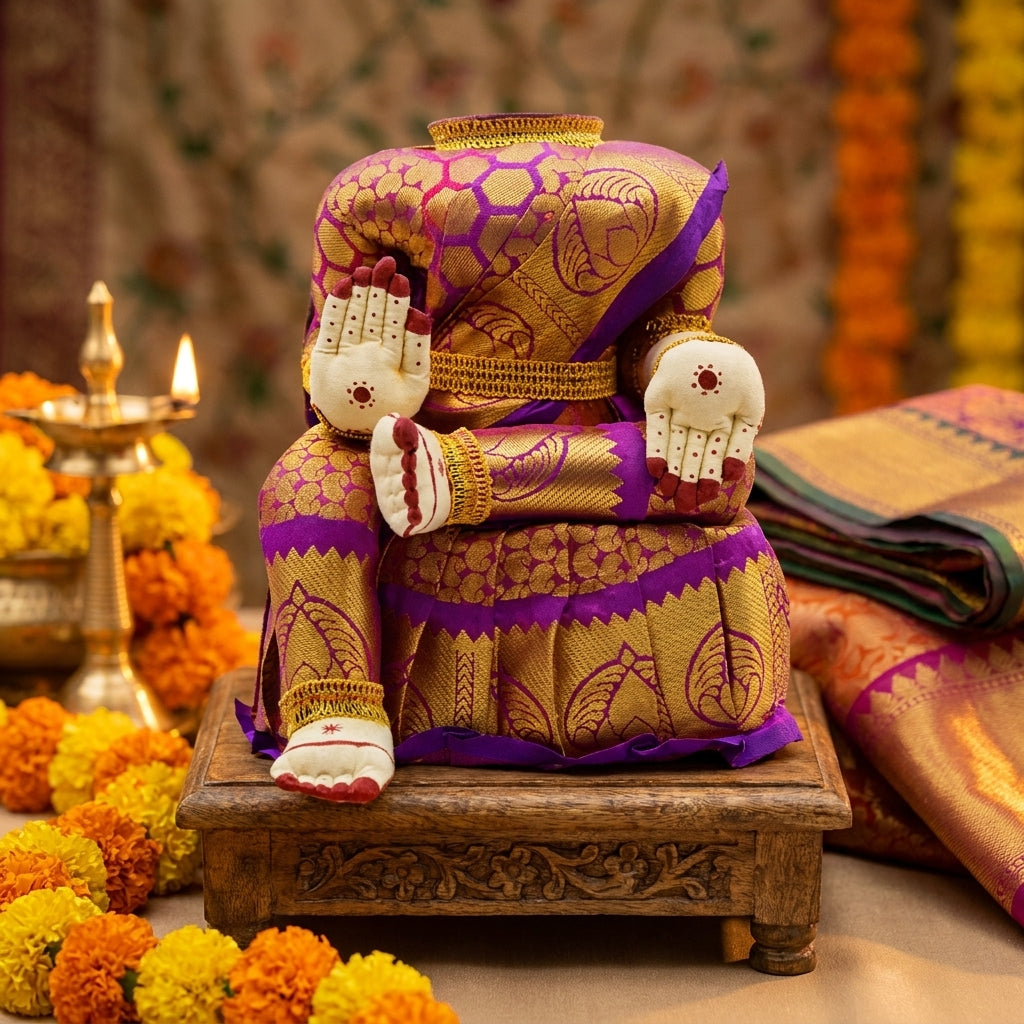 Varamahalakshmi Idol With Violet And Gold Saree