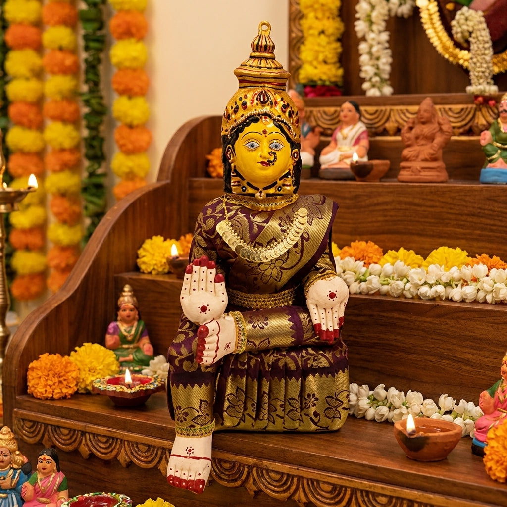 Varamahalakshmi Idol Gold and Maroon Saree