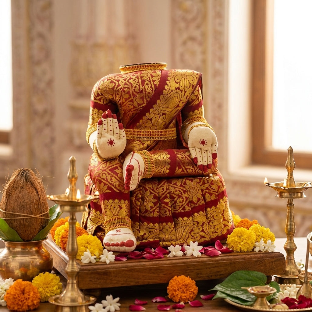 Varamahalakshmi Doll In Brown Gold Saree Amman Idol