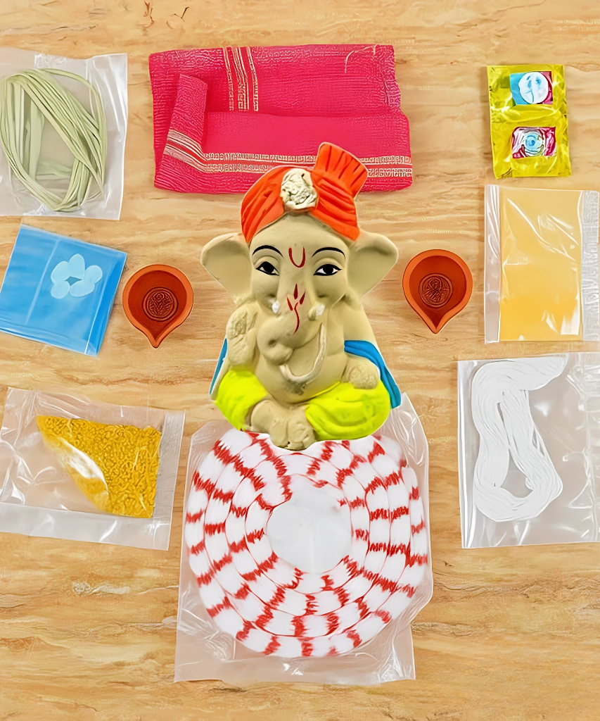 Ganesha Puja Samagri Kit with Clay Ganesha Murti – 10 Essential Items for Ganpati Pooja, Ganesh Chaturthi & Ganesha Pujan | Complete Puja Set for Home Temple & Festival Rituals