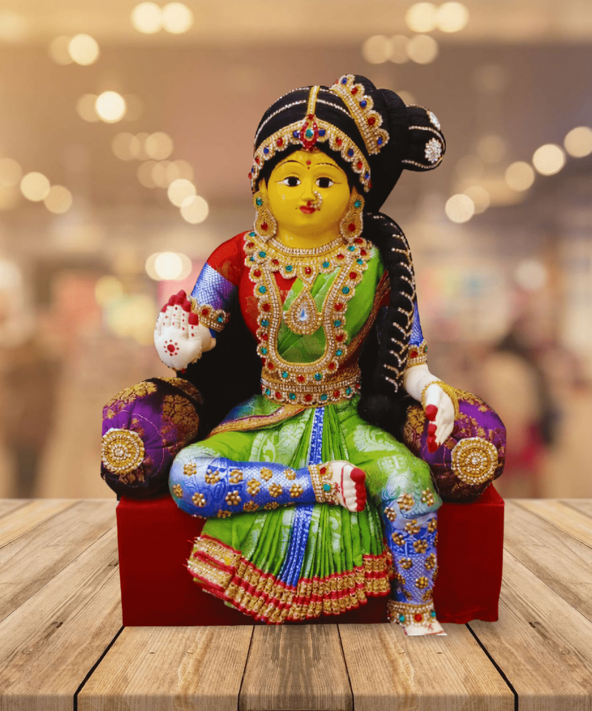 Varamahalakshmi Idol With Ornaments in Green And Red Saree