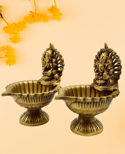Brass Pooja Diya With Lakshmi Ganesha Idol