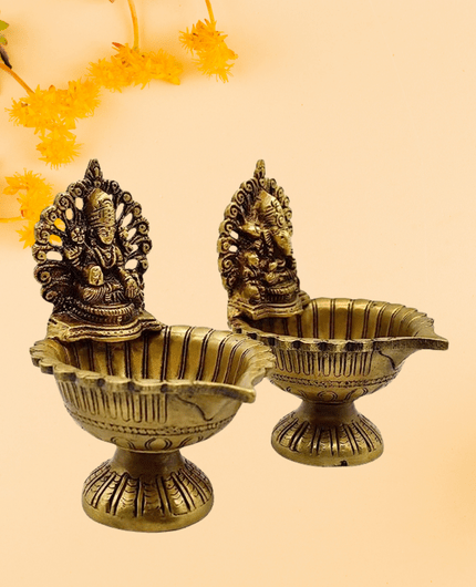 Brass Pooja Diya With Lakshmi Ganesha Idol