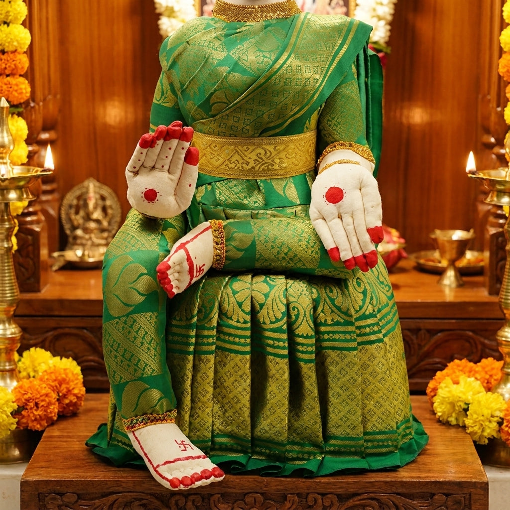 Varamahalakshmi Idol With Green And Gold Saree