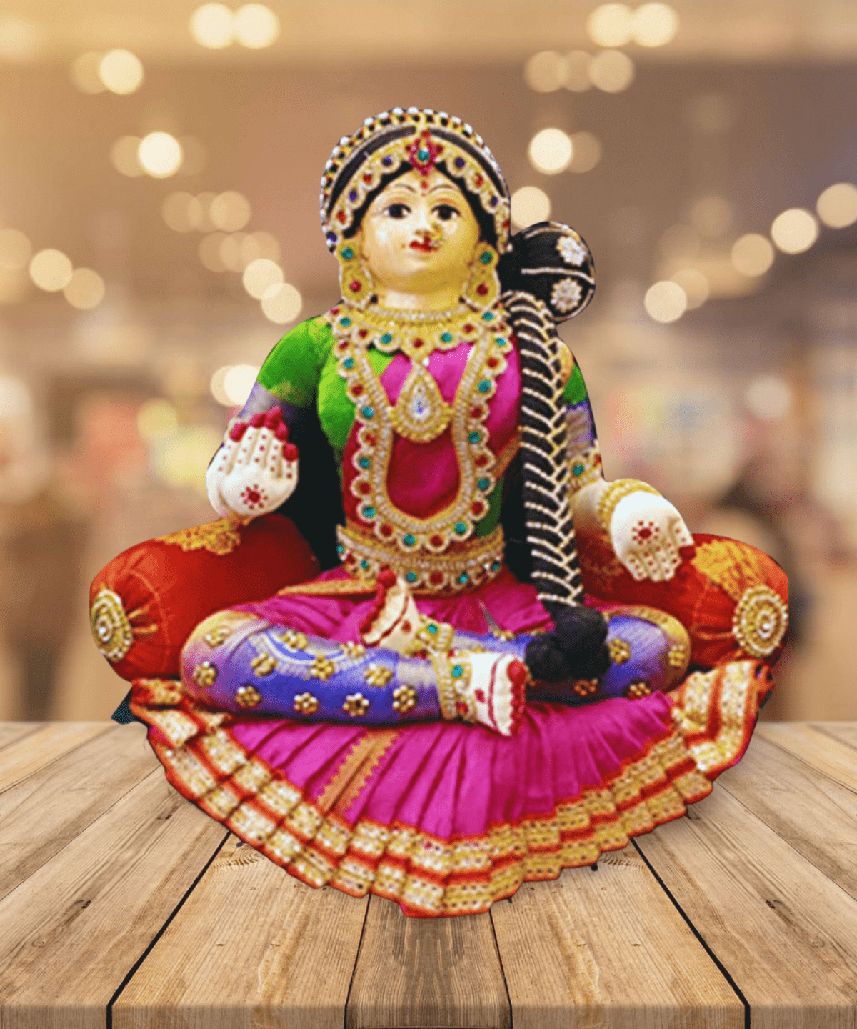 Varamahalakshmi Idol with Ornaments in Pink and Green saree