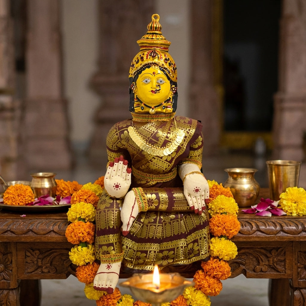 Varamahalakshmi Idol Gold and Brown Saree