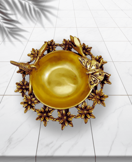 Brass Flower Urli Bowl with Bird and Butterfly,Urli Bowl in Brass, Traditional bowl for flower decoration,