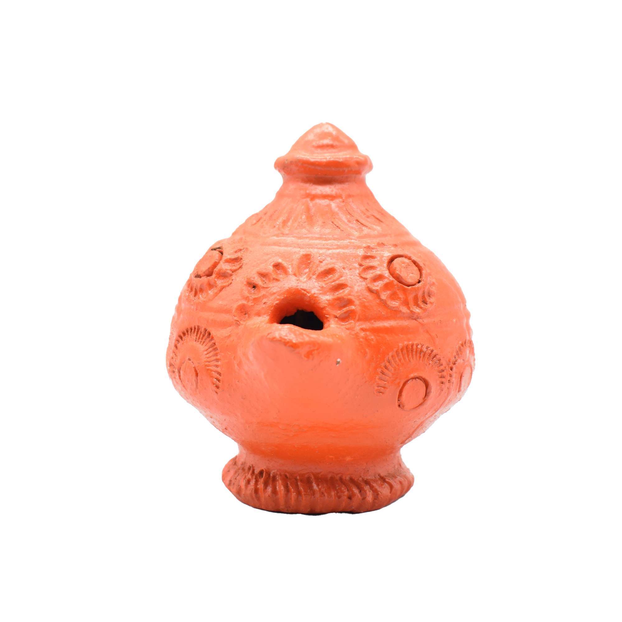 Handmade Orange Color Mud Diya Deepam with Handle