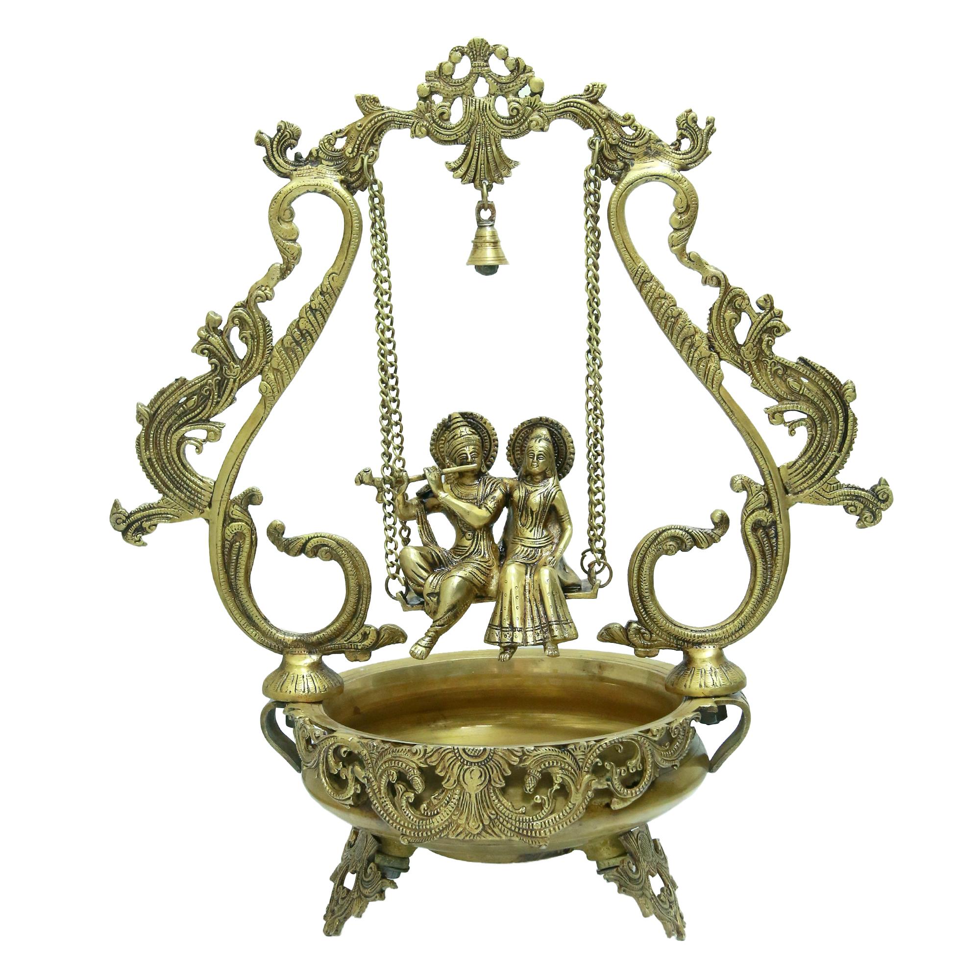 Brass Urli with Radha Krishna on a Swing 2.25 feet height