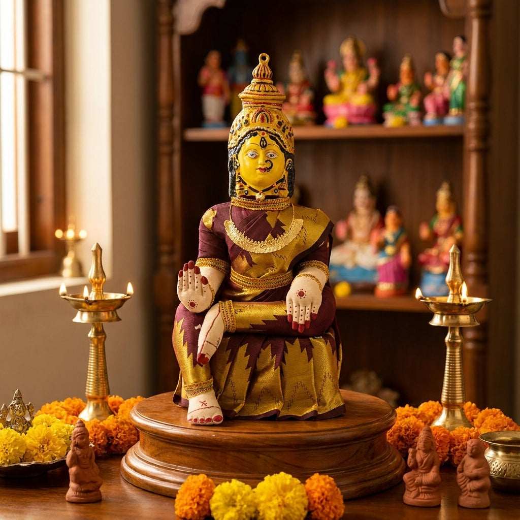 Varamahalakshmi Idol Gold and Maroon Saree