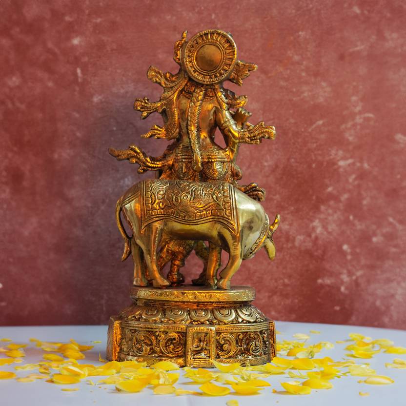 Brass Krishna with Cow Standing Playing Flute Idol Statue for Home Mandir Pooja Krishan Ji Murti Temple Puja Office Home Decor Showpiece