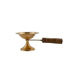 Brass Aarti Lamp/Dhoop Stand with Wooden Handle (Golden)