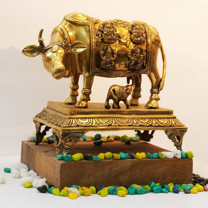 Brass Kamdhenu Cow and Calf with Astalakshmi Design Idol Statue - Home Decor/Office Decorative.