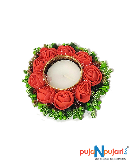 Red Color Flower Design Diya Tea Light Candle Holder