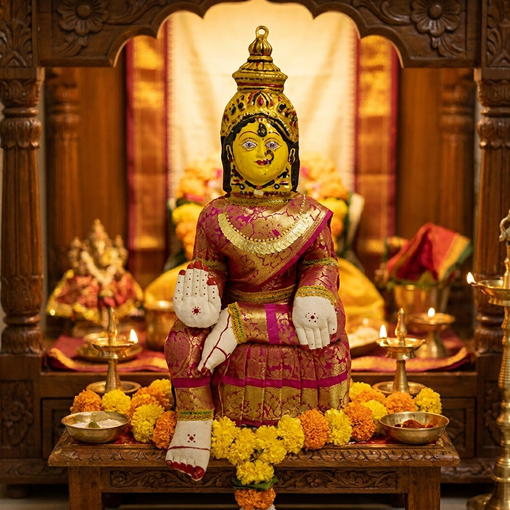 Varamahalakshmi Idol Gold and Pink Saree