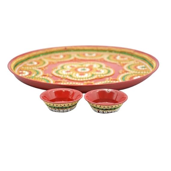 Beautiful Kundan Fancy Pooja Plate , Metal Colorful Pooja Aarti Thali Set.
