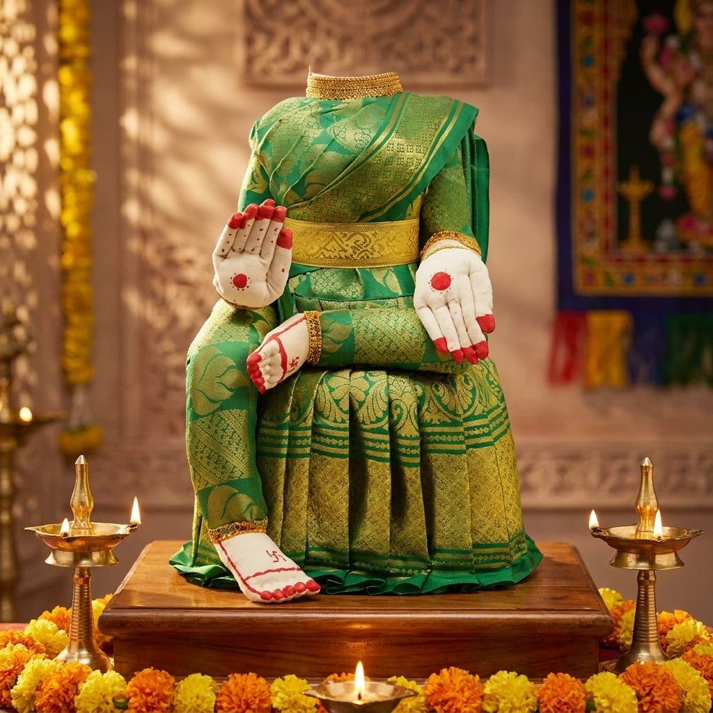 Varamahalakshmi Idol With Green And Gold Saree