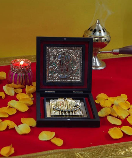 Radha Krishna Shubh Labh Charan Paduka Return Pooja Gift Box Set Decorative Showpiece - 3 cm