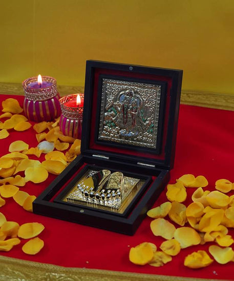 Radha Krishna with Shubh Labh Charan Paduka for Pooja Room, Return Pooja Gift Box Set
