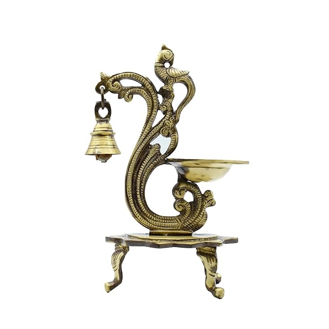 Peacock Design Brass Diya with Bell for Puja Mandir and Diwali