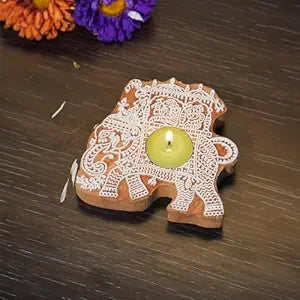 Elephant Shaped Wooden Block Diya Stand for Diwali Home Decoration Item