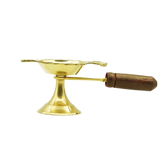 Brass Loban Burner Aarti Harathi Diya Stand with Wooden Handle for Pooja