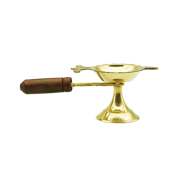 Brass Loban Burner Aarti Harathi Diya Stand with Wooden Handle for Pooja