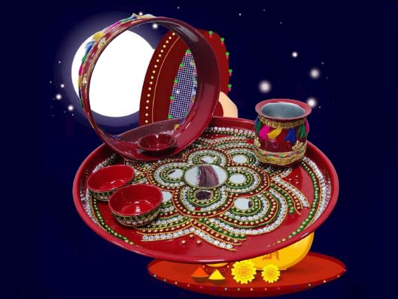 Karwa Chauth Pooja thali/Kalash, Chalni for Chand Pooja , Kalash, Diya, and Bowls | Trafitional Pooja Thali.