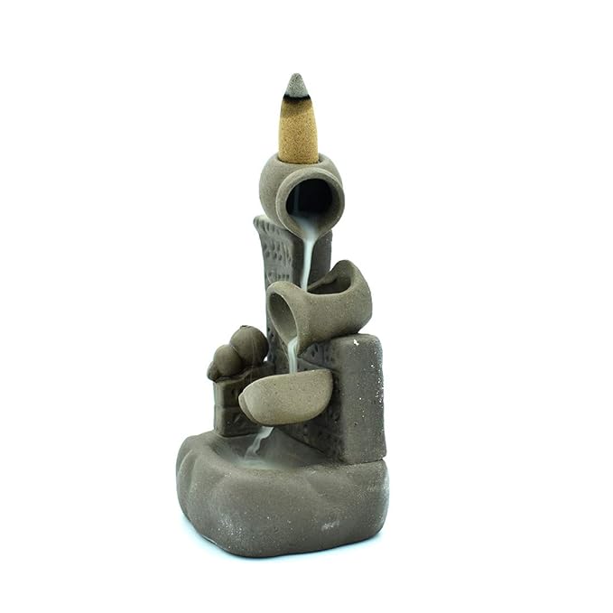 Ceramic Pot Design Waterfall Smoke Backflow Incense Burner Cone Incense Holder with 10 Backflow Incense Cones (Grey Color)