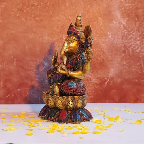 Lord Lakshmi Ganesh Brass Idol with Stone Work -Lord Lakshmi Ganesha Sitting On Lotus Flowers Idol Multicolour (13 Inch).