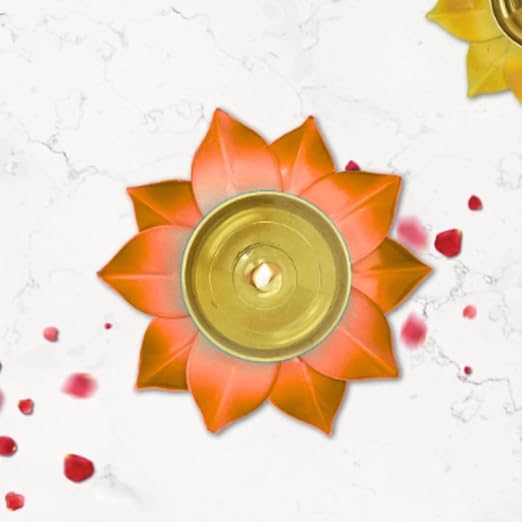 Brass Lotus Flower Diya Lamp In Orange