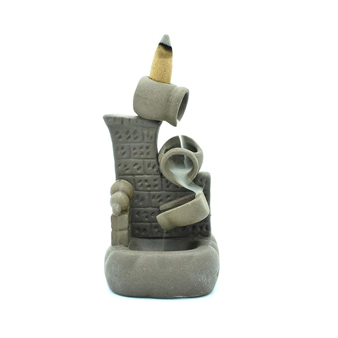 Ceramic Pot Design Waterfall Smoke Backflow Incense Burner Cone Incense Holder with 10 Backflow Incense Cones (Grey Color)