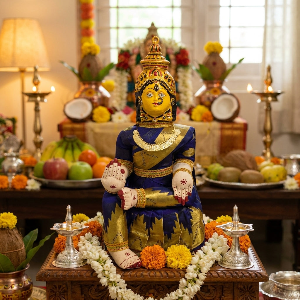 Varamahalakshmi Idol Gold and Blue Saree