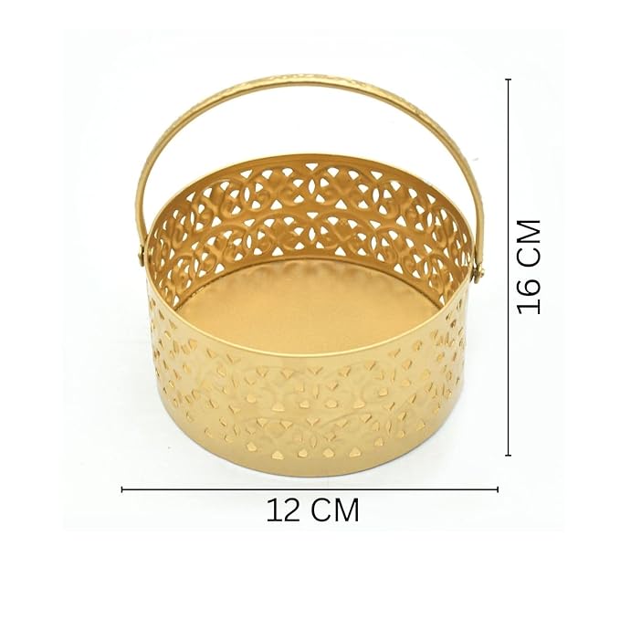 Metal Round Flower Basket With Handle Best For Puja Dining Table And Home Decoration Fruit