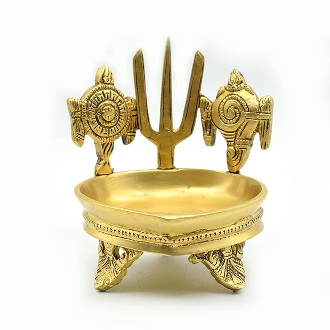 Shankh Chakra Namah Design Brass Diya Length: 8 cm, Width: 8 cm, Height: 8 cm