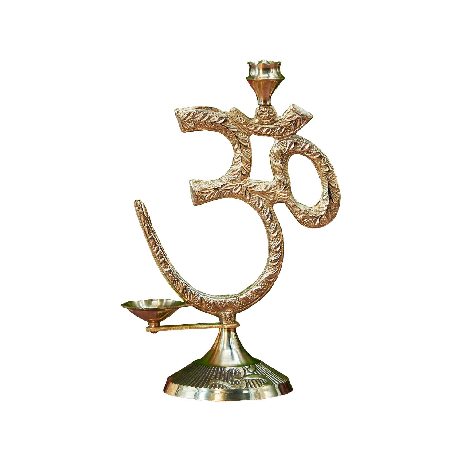 Om Symbol with Brass Diya Oil Lamp and Incense Holder,Table top Brass Diya with Agarbatti Stand. ( 17 Cm Height).