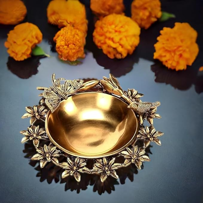 Brass Flower Urli Bowl with Bird and Butterfly,Urli Bowl in Brass, Traditional bowl for flower decoration,