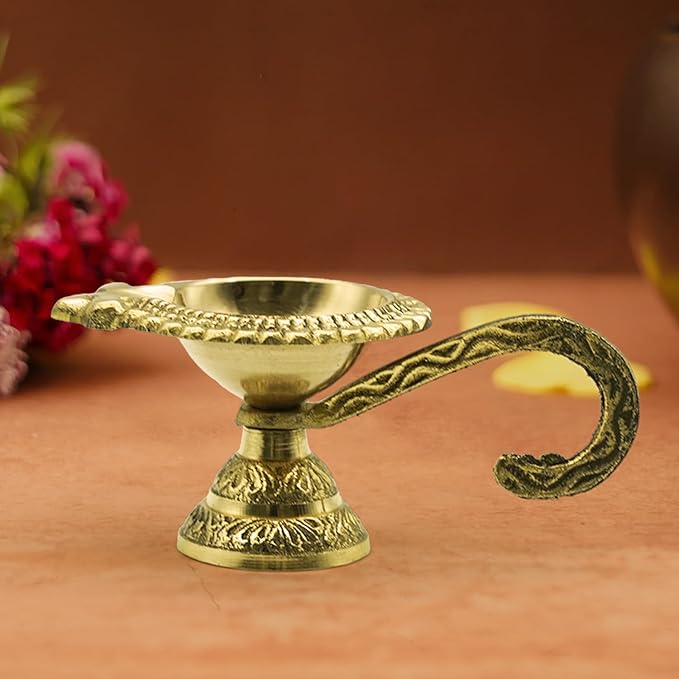 Golden Diya for Temple Puja Room Mandir Living Room Office Antique Decorative | Peetal Diya for puja | Brass Deepak