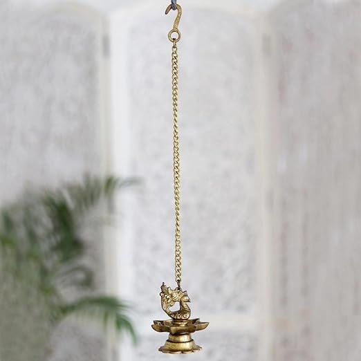 Peacock Brass Hanging Diya with Chain for Pooja
