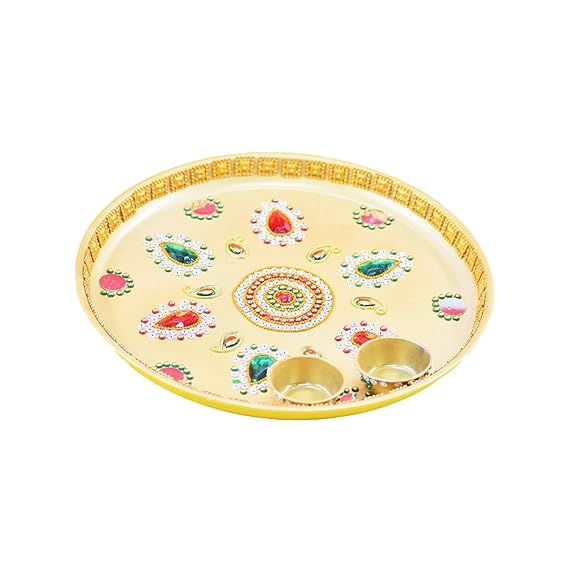 Beautiful Kundan Fancy Pooja Plate, Metal Colorful Pooja Thali Set.