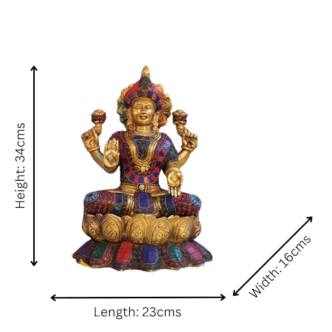 Lord Lakshmi Ganesh Brass Idol with Stone Work -Lord Lakshmi Ganesha Sitting On Lotus Flowers Idol Multicolour (13 Inch).