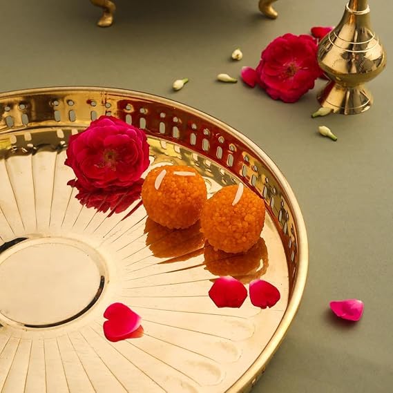 Embossed Design Brass Puja Thali with Handle,