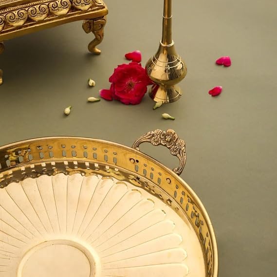 Embossed Design Brass Puja Thali with Handle,