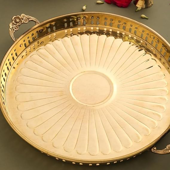 Embossed Design Brass Puja Thali with Handle,