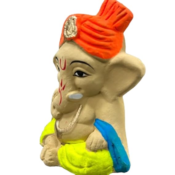 Eco-Friendly Handcrafted Clay Ganpati Idol – Biodegradable Kacchi Mitti Ganesha Murti, Water-Soluble for Ganpati Visarjan (H:4 Inch, Multicolor)