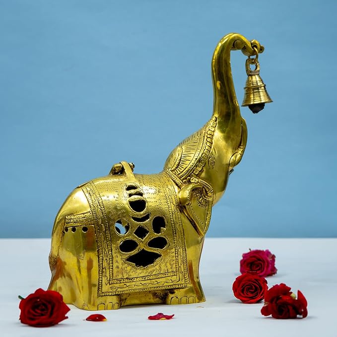Brass Elephant Lamp with Small Diya,Dhoopdani Elephant Holder with Bell (10.5 Inch height )