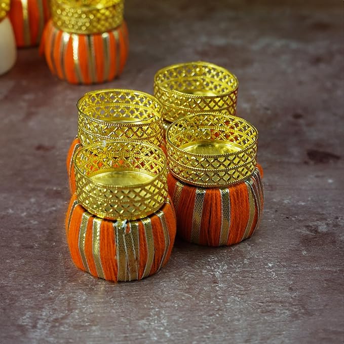 Handcrafted Multi Colour Damroo Shape Holding Tea Light Holder for Diwali and/Home Decor (Set of 9 with Tealight Candles)