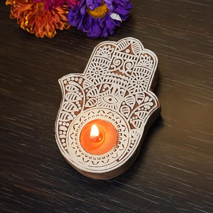 Wooden Block Hamsa Tea Light Candle Holders