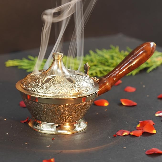 Aarti Sambrani Stand & Loban Dhoop Burner Brass with Wooden Holder.